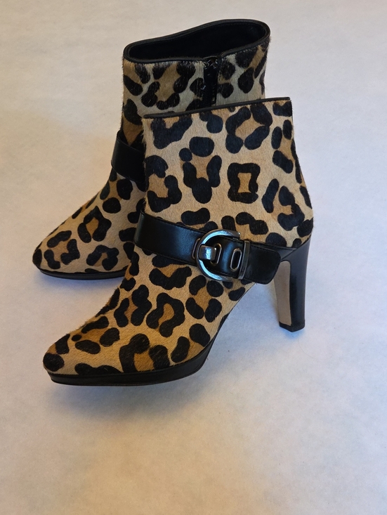 Vaneli Shoes - Vaneli Leopard Print Calf Hair Ankle Booties with Black Buckle